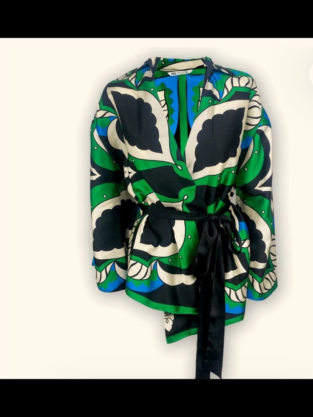 Zara Green Black Cream Graphic Wrap Blazer with Belt